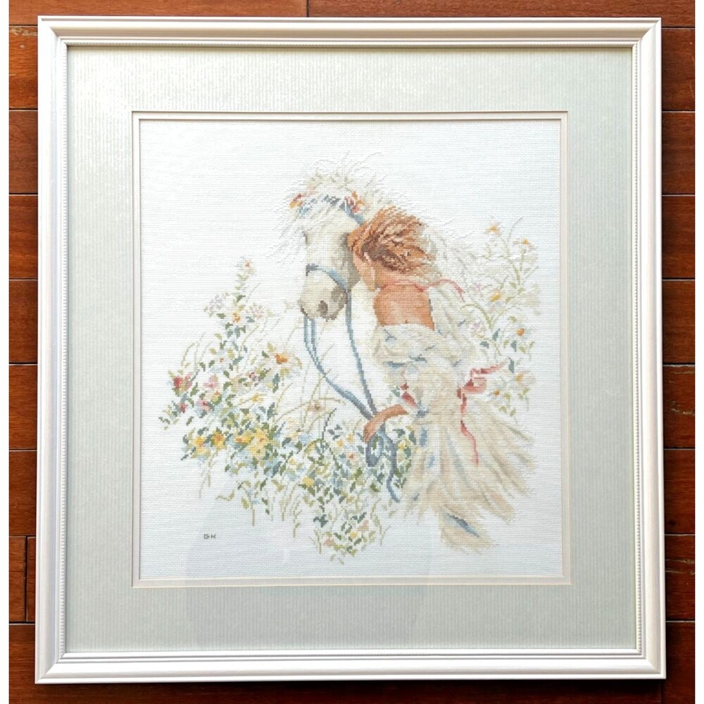 Vtg Handmade Framed Cross-stitch Wall Art Horse Pony Woman Pastel Prairie Floral
